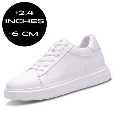 FORCIANO POSITANO white height increasing sneakers with premium leather upper in a front three-quarter view with 6 cm / 2.4 inches height graphic.