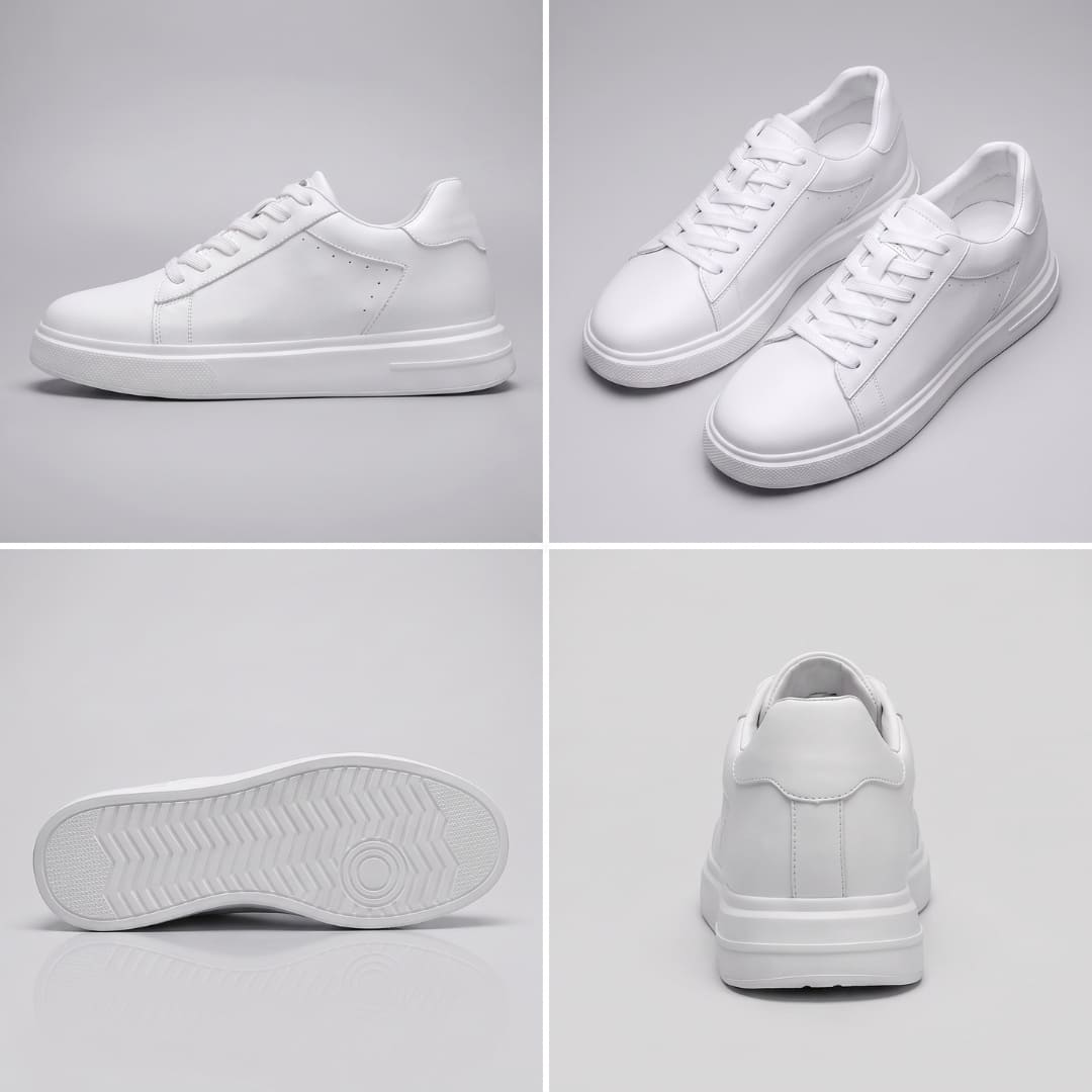 FORCIANO POSITANO white height increasing sneakers with premium leather upper in a multi-view collage showing side, pair, outsole and rear views.