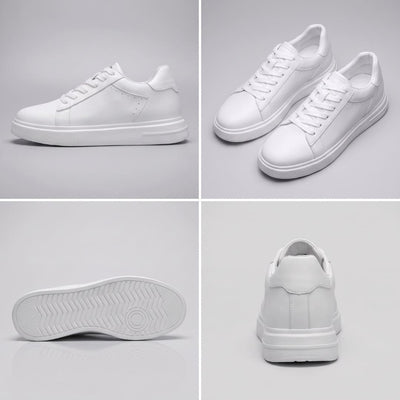 FORCIANO POSITANO white height increasing sneakers with premium leather upper in a multi-view collage showing side, pair, outsole and rear views.