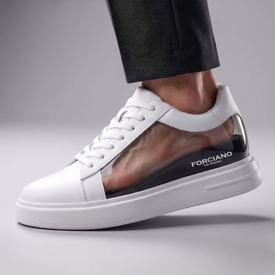 FORCIANO POSITANO white height increasing sneakers with premium leather upper, shown on foot in a side cutaway revealing the internal lift.
