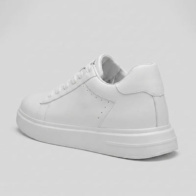 FORCIANO POSITANO white height increasing sneakers with premium leather upper shown as a single shoe from the rear three-quarter angle.