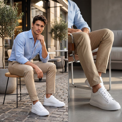 FORCIANO POSITANO white height increasing sneakers with premium leather upper worn with beige trousers in two seated lifestyle views.