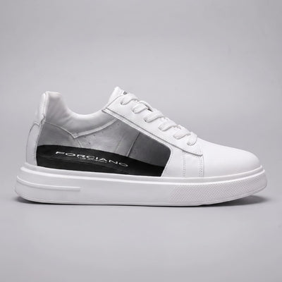 FORCIANO POSITANO white height increasing sneakers with premium leather upper, side cutaway showing the internal lift and FORCIANO insole.