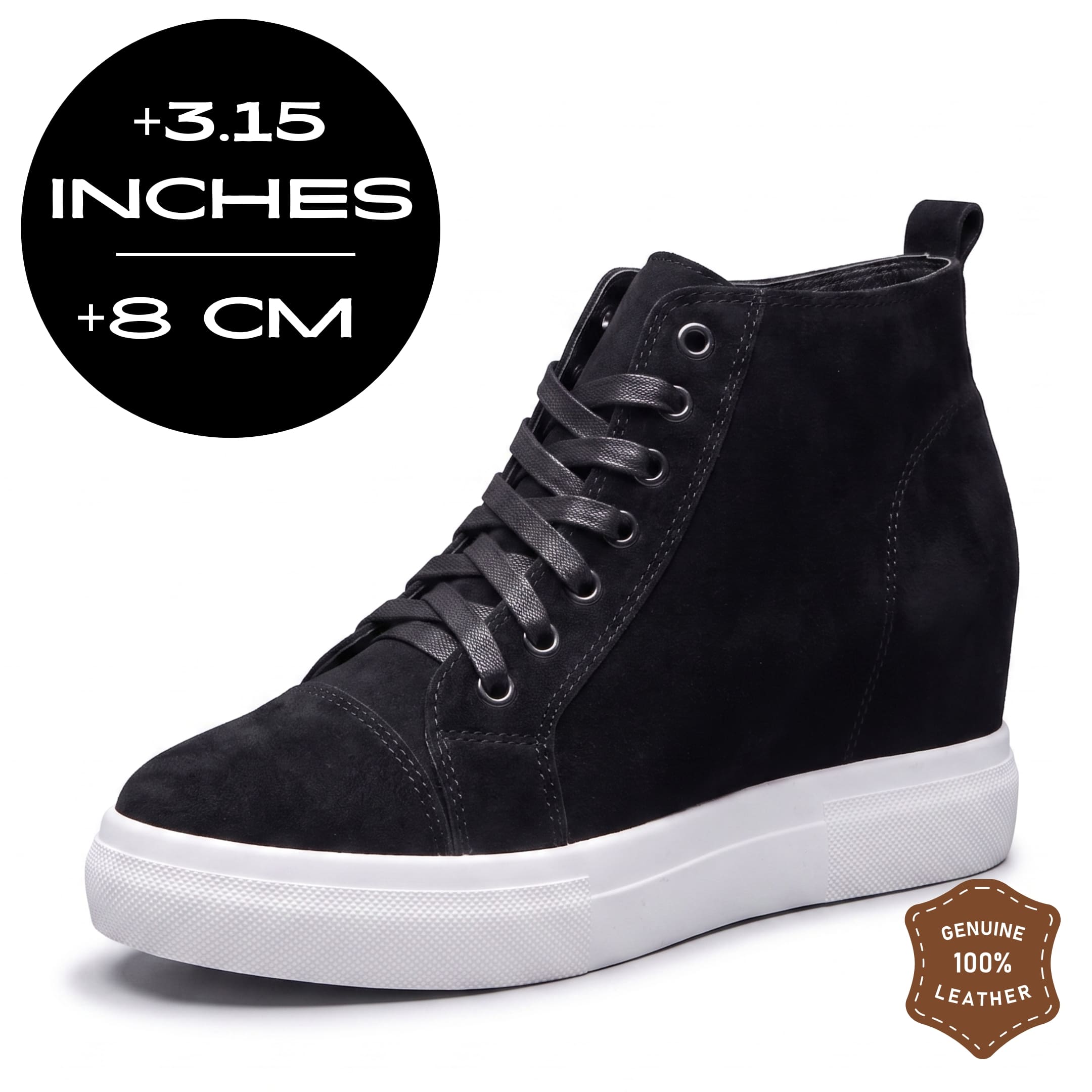 FORCIANO PRESLEY Black Height Increasing Sneakers for Women shown from a front three-quarter angle with premium suede leather upper, white sole and 8 cm / 3.15 inches height graphic.