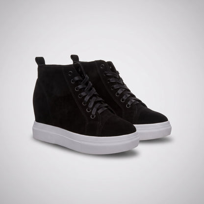 FORCIANO PRESLEY Black Height Increasing Sneakers for Women displayed as a pair from a front three-quarter angle with premium suede leather uppers and white soles.