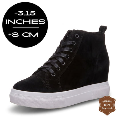 FORCIANO PRESLEY Black Height Increasing Sneakers for Women with premium suede leather upper and white sole, shown with an 8 cm / 3.15 inches height graphic and leather badge.