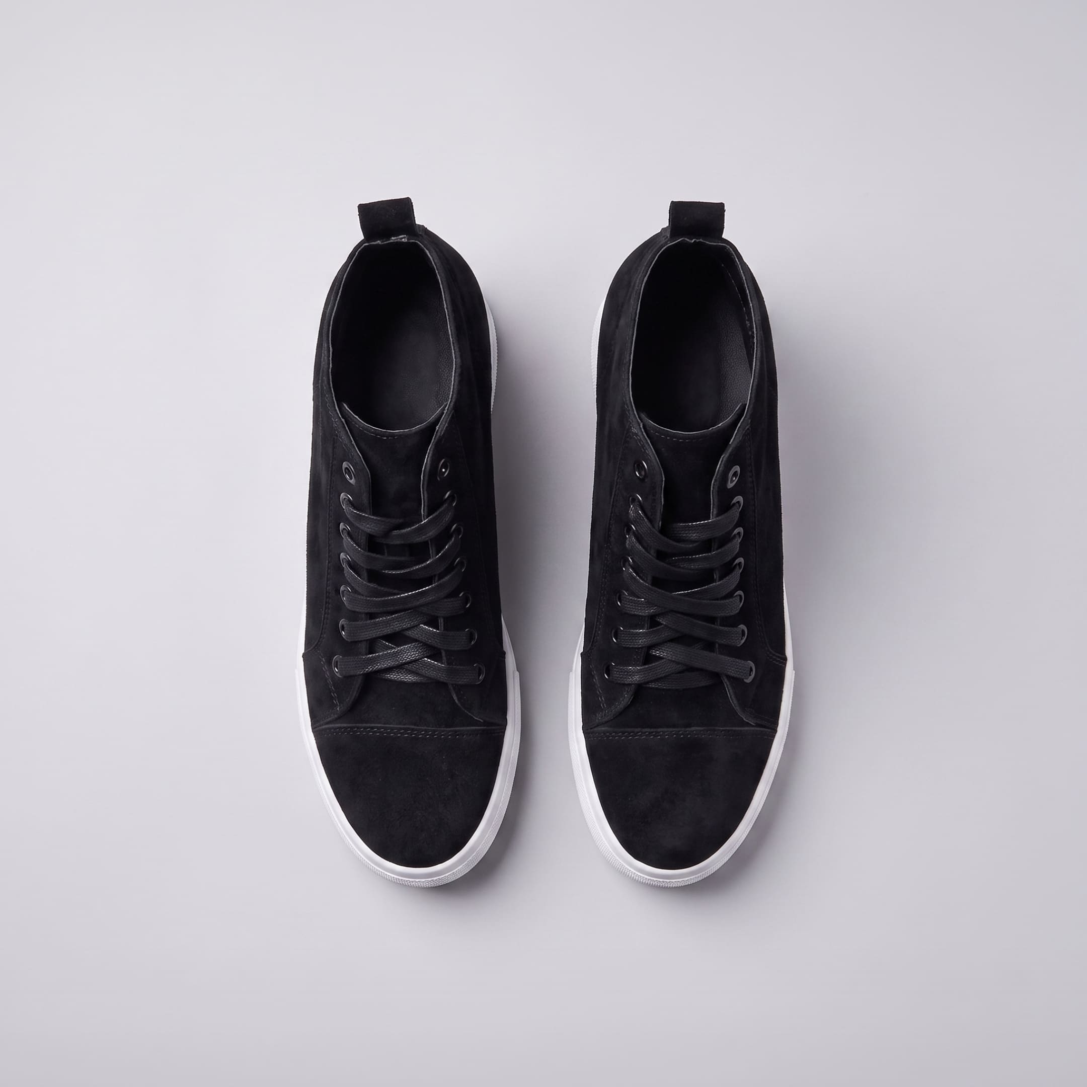 FORCIANO PRESLEY Black sneakers for Women shown from directly above with premium suede leather uppers, lace-up fronts, heel pull tabs and white sole edges.