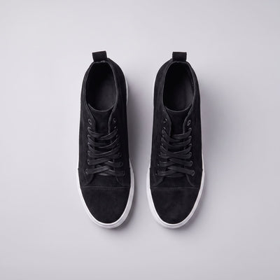 FORCIANO PRESLEY Black sneakers for Women shown from directly above with premium suede leather uppers, lace-up fronts, heel pull tabs and white sole edges.