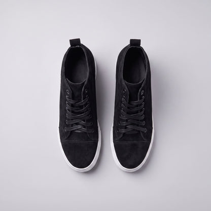 FORCIANO PRESLEY Black sneakers for Women shown from directly above with premium suede leather uppers, lace-up fronts, heel pull tabs and white sole edges.