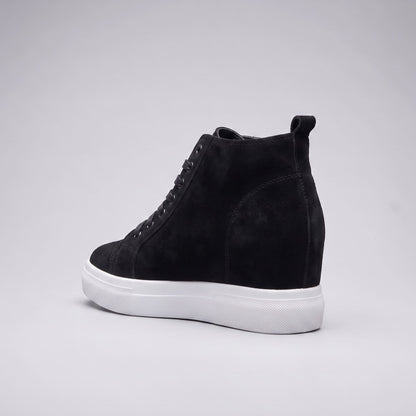 FORCIANO PRESLEY Black sneakers for Women shown from the rear side with premium suede leather upper, stitched heel panel, pull tab and contrasting white sole.