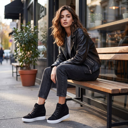 FORCIANO PRESLEY Black sneakers for Women with premium suede leather uppers and white soles, worn by a seated Woman in a casual city café lifestyle scene.
