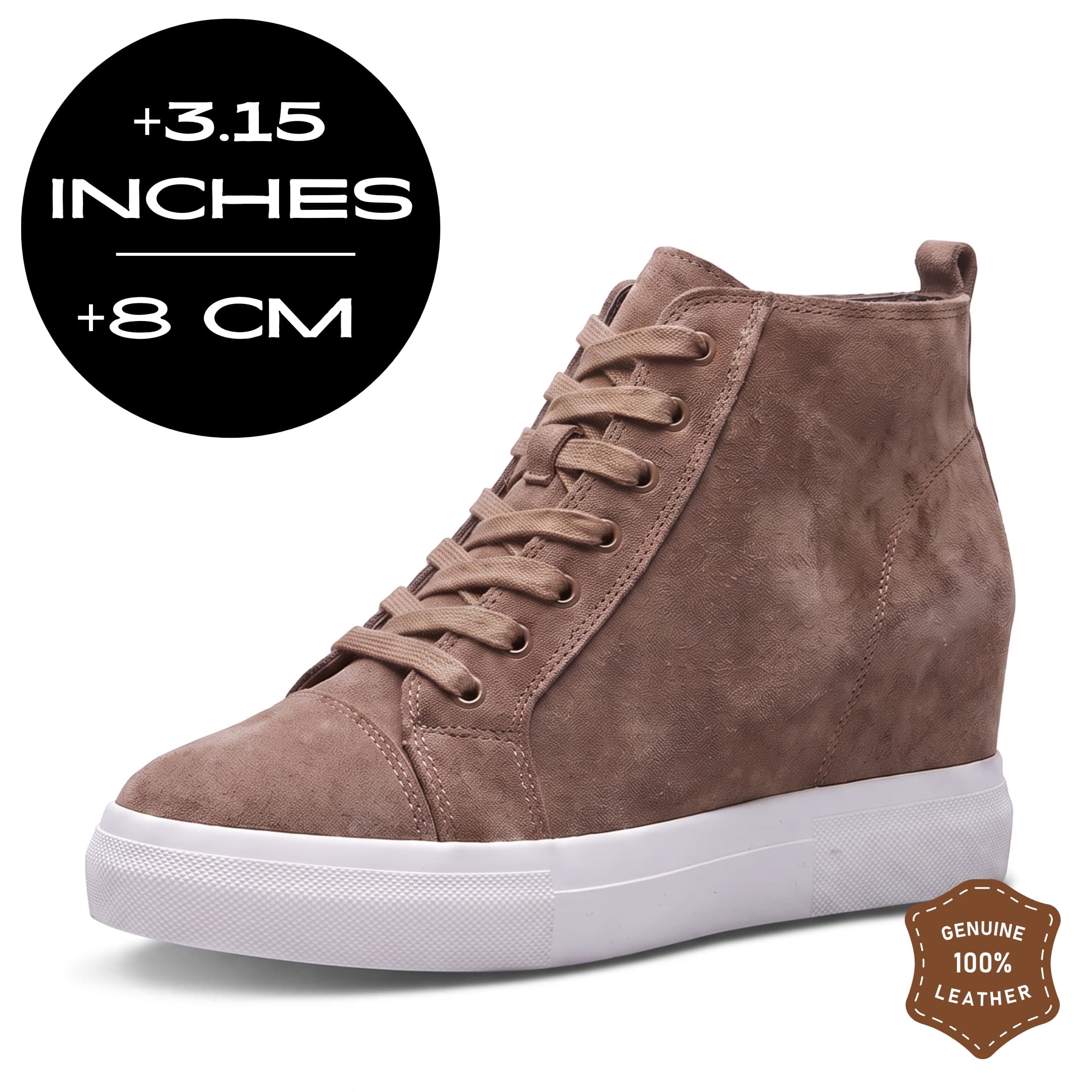 FORCIANO PRESLEY Khaki Height Increasing Sneakers for Women shown at a front three-quarter angle with premium suede leather upper, laces and an 8 cm / 3.15 inches height graphic.