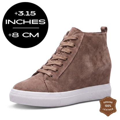 FORCIANO PRESLEY Khaki Height Increasing Sneakers for Women shown at a front three-quarter angle with premium suede leather upper, laces and an 8 cm / 3.15 inches height graphic.