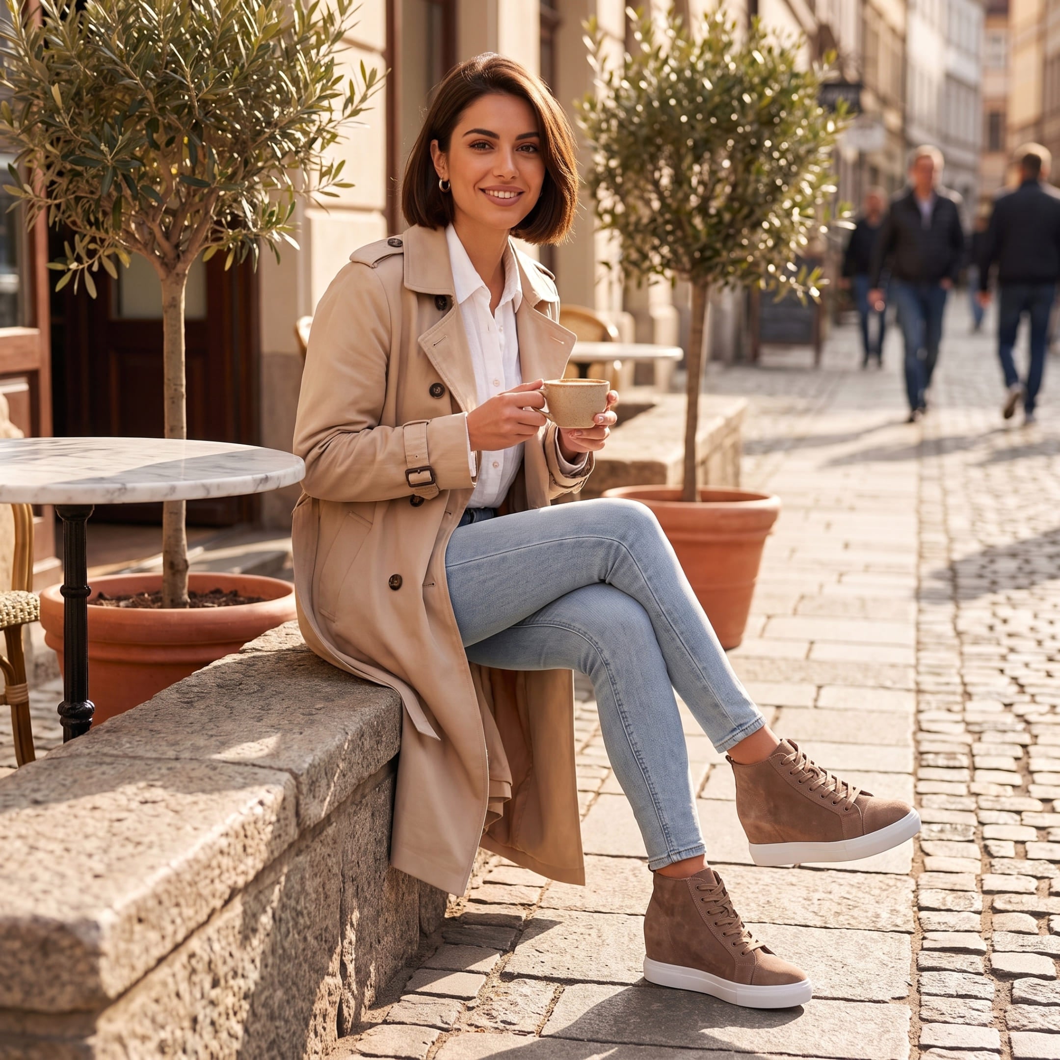 FORCIANO PRESLEY Khaki Height Increasing Sneakers for Women with premium suede leather uppers, worn by a seated Woman in an outdoor café lifestyle scene.