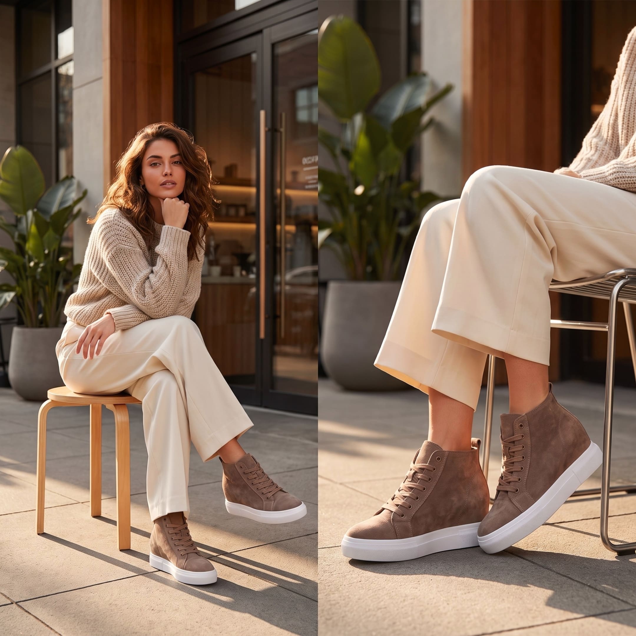 FORCIANO PRESLEY Khaki Height Increasing Sneakers for Women with premium suede leather uppers shown in a two-view seated lifestyle collage.
