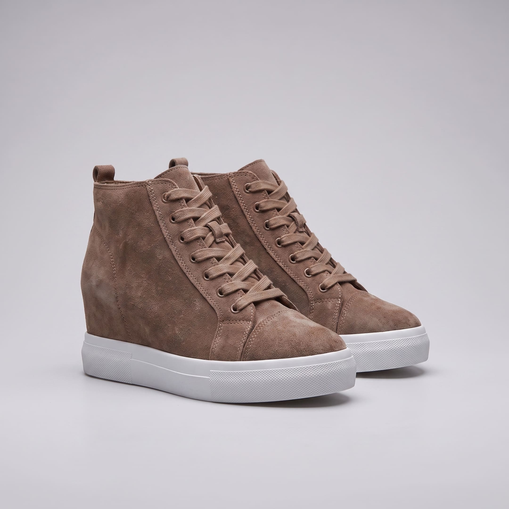 FORCIANO PRESLEY Khaki Height Increasing Sneakers for Women shown as a pair with premium suede leather uppers, lace-up fronts and white soles.