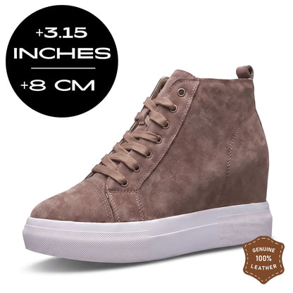 FORCIANO PRESLEY Khaki Height Increasing Sneakers for Women in premium suede leather, shown at a front angle with an 8 cm / 3.15 inches height graphic and leather badge.