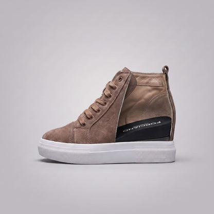 FORCIANO PRESLEY Khaki sneakers for Women shown in side cutaway view with premium suede leather upper and the concealed internal height-increasing wedge visible.