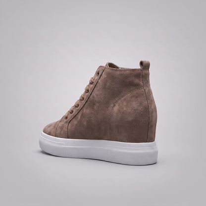 FORCIANO PRESLEY Khaki sneakers for Women shown from a rear three-quarter angle with premium suede leather upper, concealed wedge profile and heel pull tab.