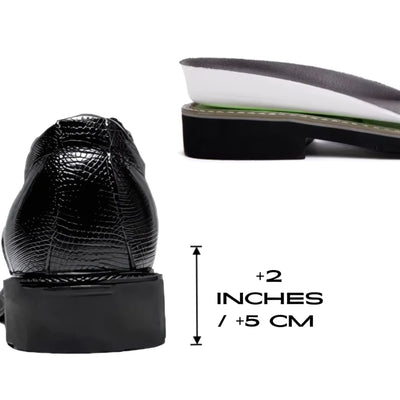 Rear view of black Crocodile-style FORCIANO PRESTIGE Height Increasing Shoes with internal lift detail showing 2" / 5 cm added height.