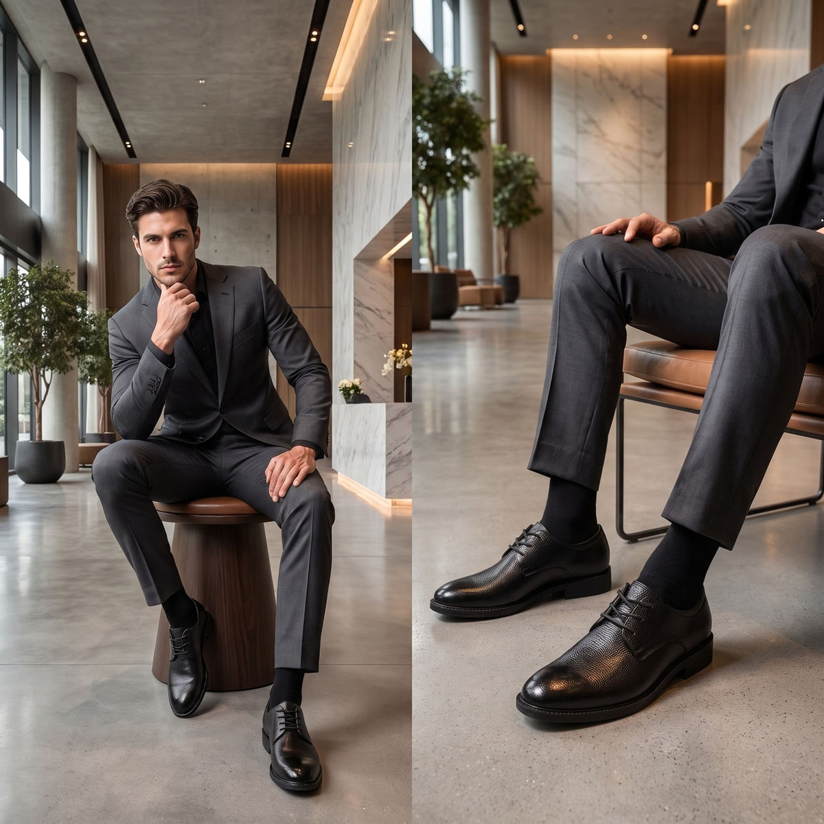 Black Crocodile-style FORCIANO PRESTIGE Height Increasing Shoes worn with a formal suit in an indoor lifestyle setting.
