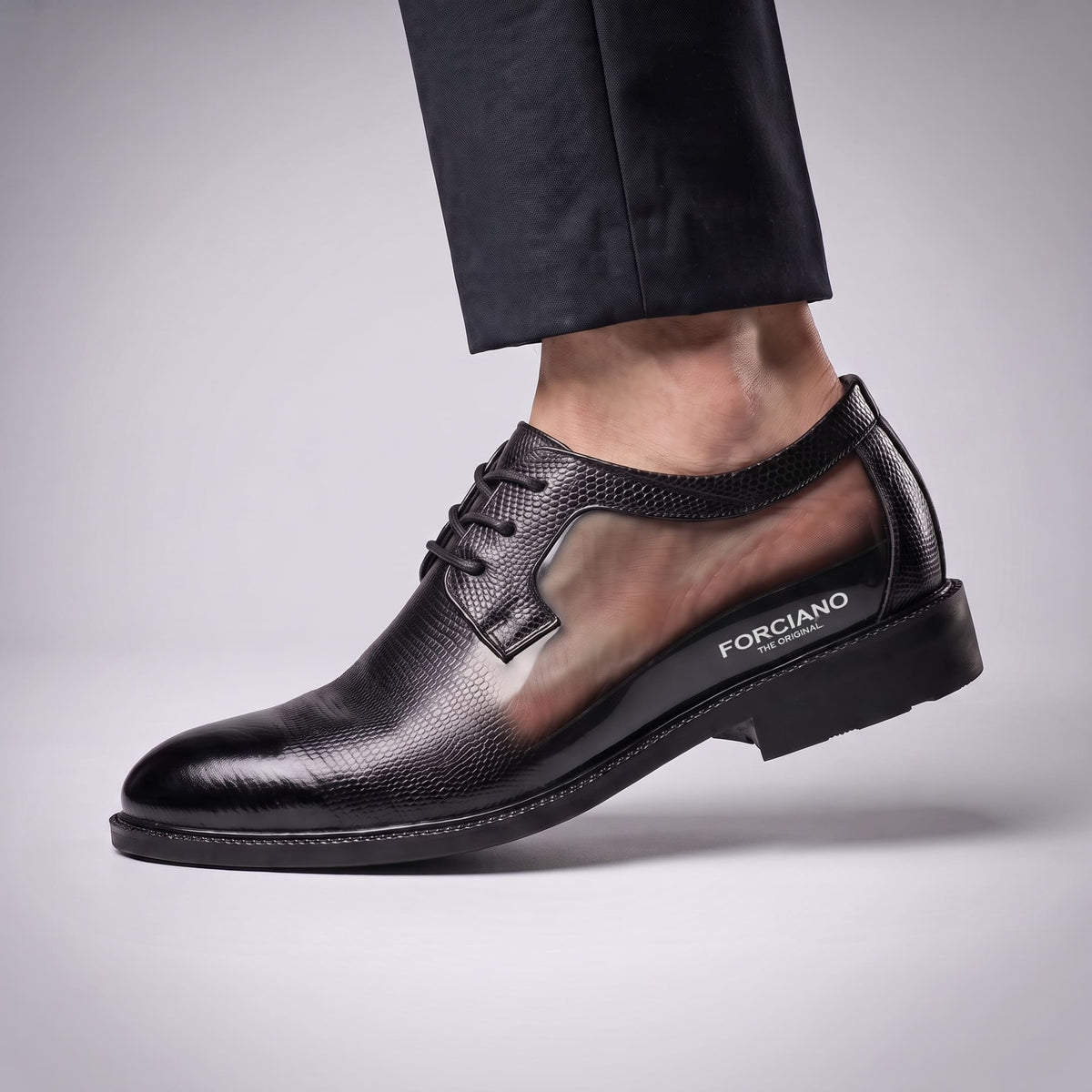 FORCIANO PRESTIGE Height Increasing Shoes in black Crocodile style shown on foot with the internal lift construction visible.