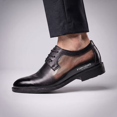 FORCIANO PRESTIGE Height Increasing Shoes in black Crocodile style shown on foot with the internal lift construction visible.