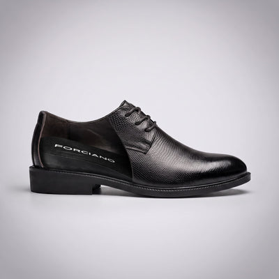 Black Crocodile-style FORCIANO PRESTIGE Height Increasing Shoes shown in side profile with the internal lift visible.