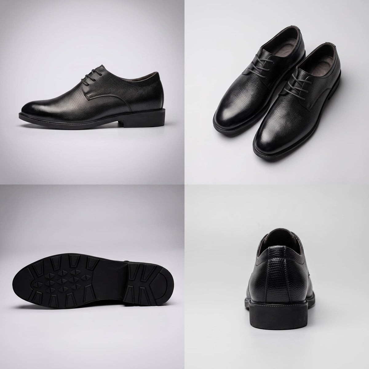 FORCIANO PRESTIGE Height Increasing Shoes in black Crocodile style shown in a multi-view collage with side, pair, outsole and rear views.
