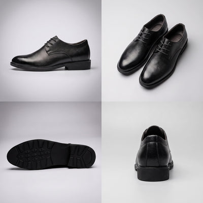 FORCIANO PRESTIGE Height Increasing Shoes in black Crocodile style shown in a multi-view collage with side, pair, outsole and rear views.