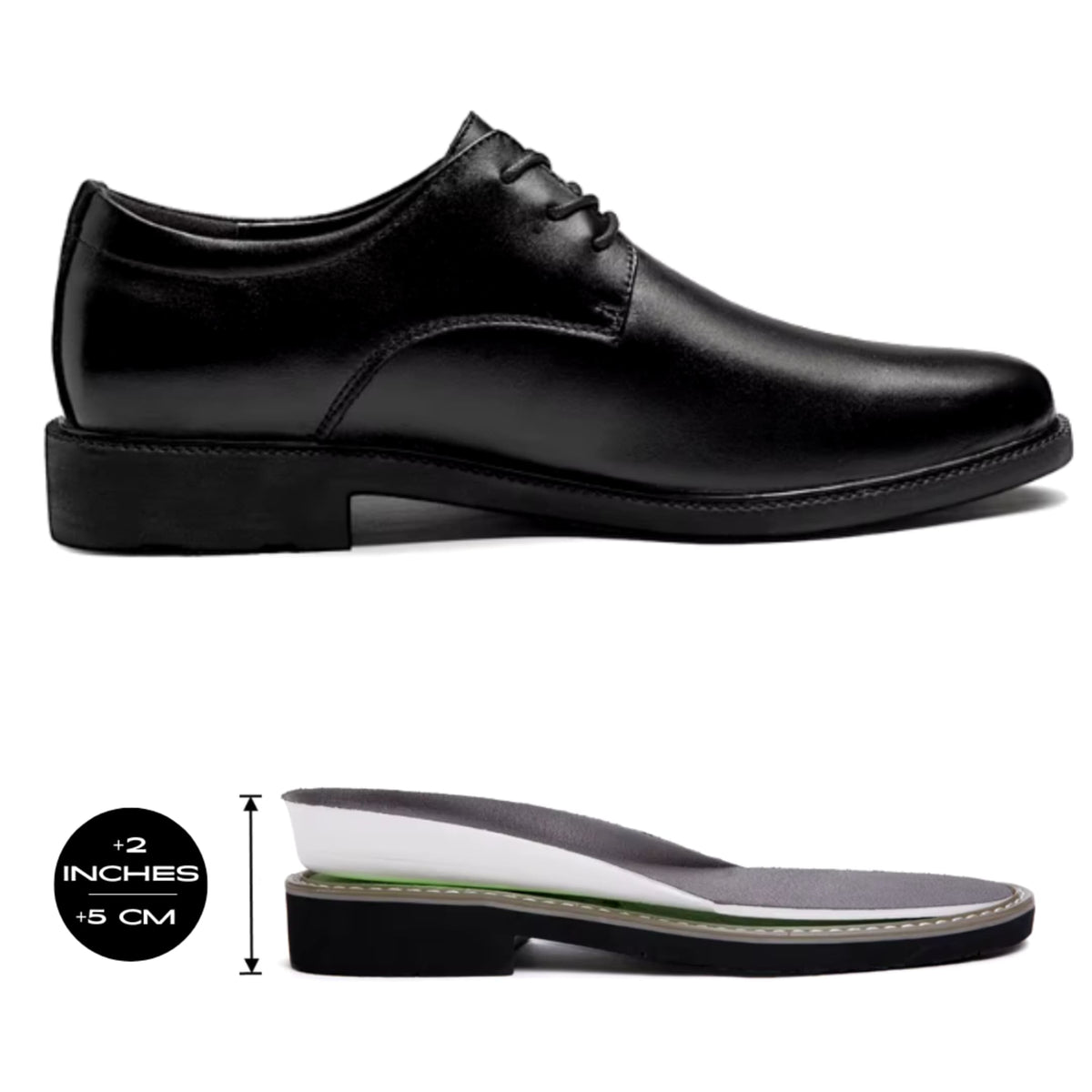 FORCIANO PRESTIGE Height Increasing Shoes in black Sleek style shown with the internal lift providing 2" / 5 cm added height.