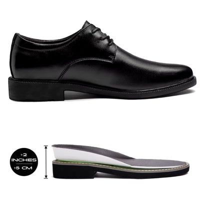 FORCIANO PRESTIGE Height Increasing Shoes in black Sleek style shown with the internal lift providing 2" / 5 cm added height.