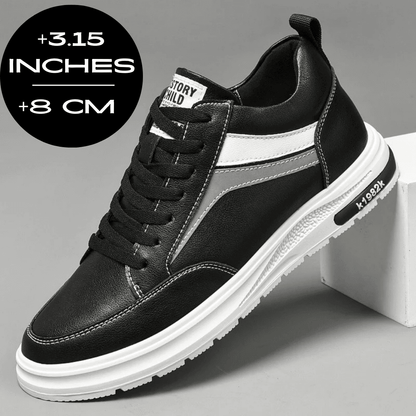 FORCIANO PRIME black and white height increasing sneakers with gray reflective accents shown from a front three-quarter angle with an 8 cm / 3.15" height increase graphic.