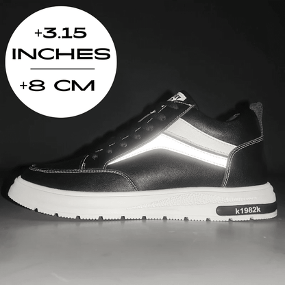 FORCIANO PRIME black height increasing sneakers with reflective side accents shown from the side with an 8 cm / 3.15" height increase graphic.