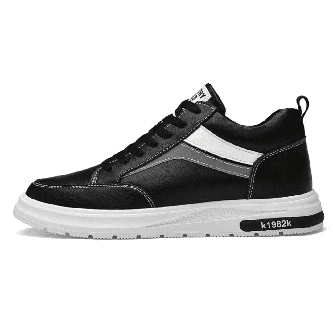 FORCIANO PRIME black height increasing sneakers with white and gray reflective accents shown in a clean side profile with a contrasting white sole.