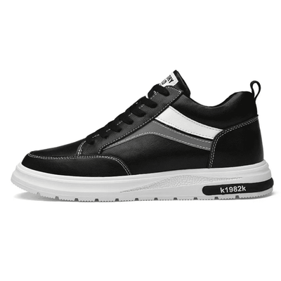 FORCIANO PRIME black height increasing sneakers with white and gray reflective accents shown in a clean side profile with a contrasting white sole.