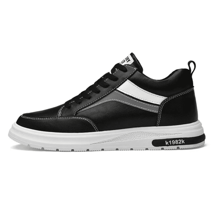 FORCIANO PRIME black height increasing sneakers with white and gray reflective accents shown in a clean side profile with a contrasting white sole.