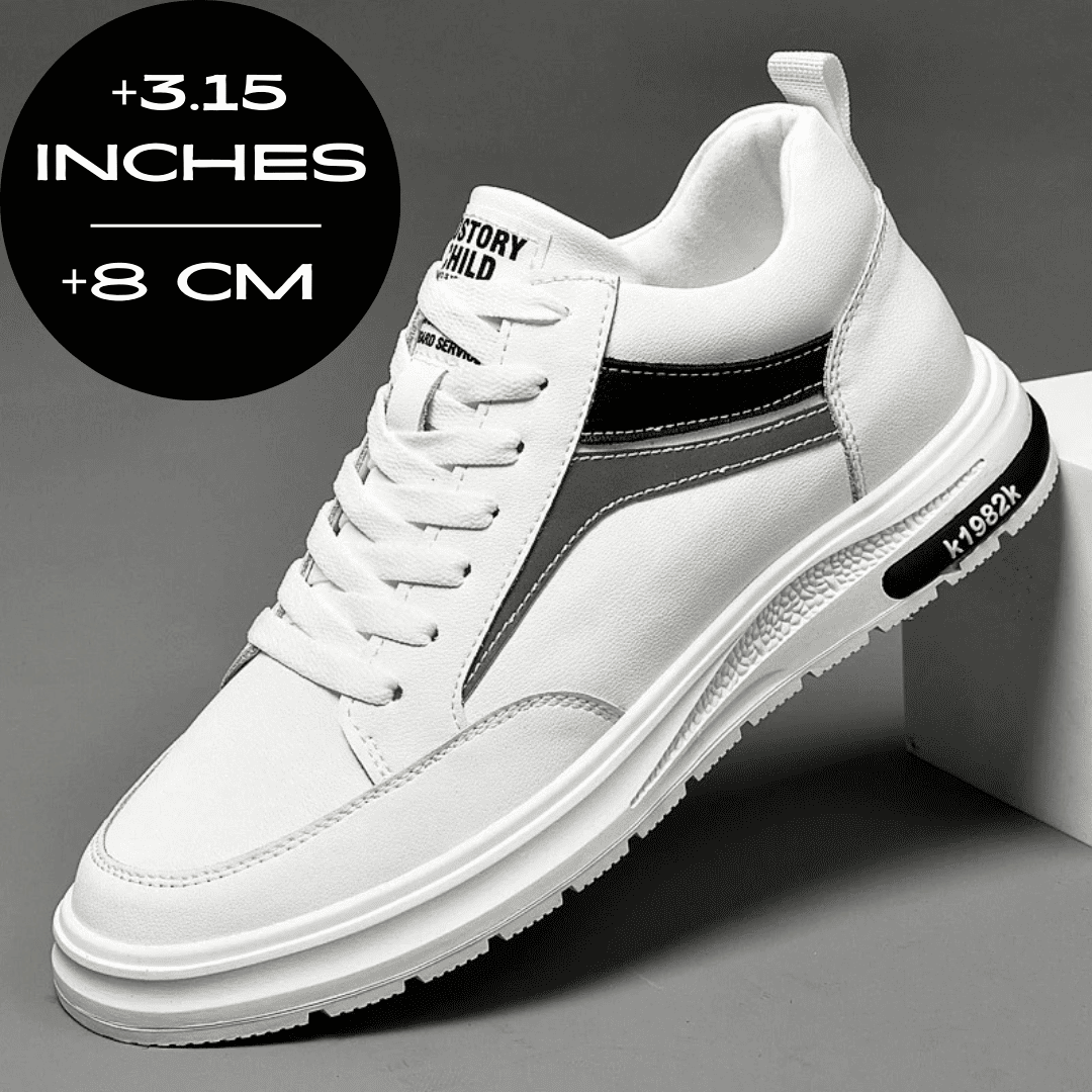 FORCIANO PRIME white height increasing sneakers with black, gray and reflective accents shown from a front three-quarter angle with an 8 cm / 3.15" height graphic.