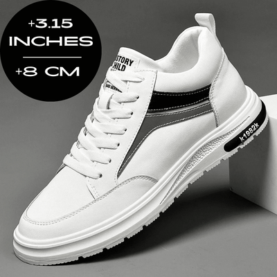 FORCIANO PRIME white height increasing sneakers with black, gray and reflective accents shown from a front three-quarter angle with an 8 cm / 3.15" height graphic.