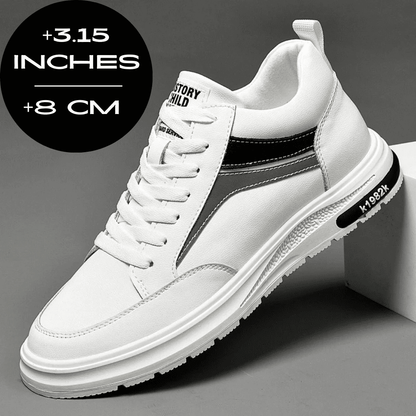 FORCIANO PRIME white height increasing sneakers with black, gray and reflective accents shown from a front three-quarter angle with an 8 cm / 3.15" height graphic.