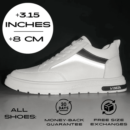 FORCIANO PRIME white height increasing sneakers with black and gray reflective accents shown from the side with an 8 cm / 3.15" height graphic and service icons.