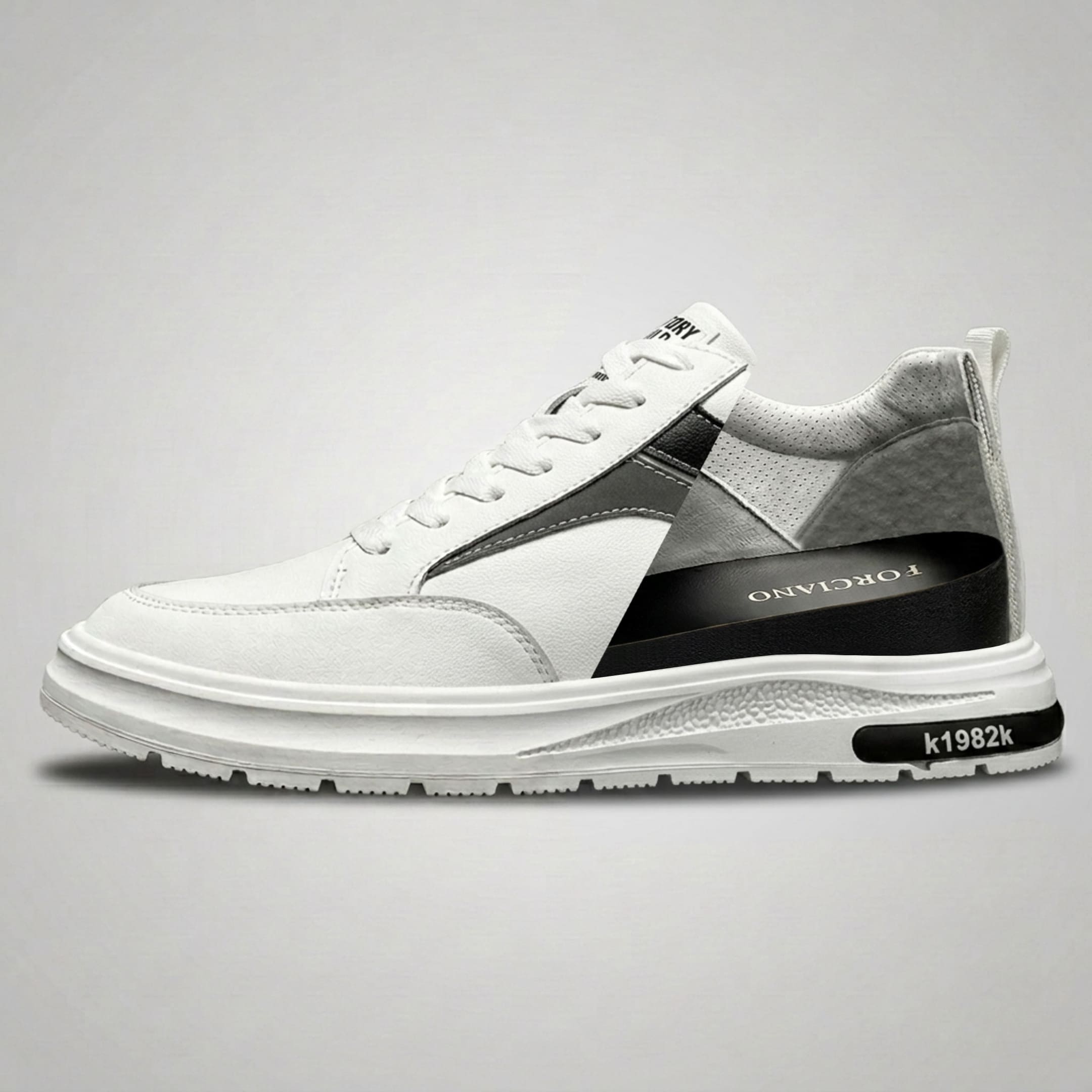 Cutaway side view of FORCIANO PRIME white height increasing sneakers with black and gray reflective accents, showing the internal lift structure for up to 8 cm / 3.15" height increase.