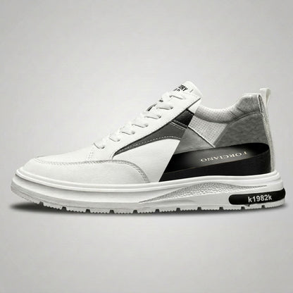 Cutaway side view of FORCIANO PRIME white height increasing sneakers with black and gray reflective accents, showing the internal lift structure for up to 8 cm / 3.15" height increase.