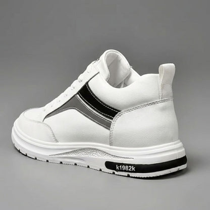 FORCIANO PRIME white height increasing sneakers with black and gray reflective accents shown from a rear three-quarter angle, highlighting the heel and side profile.