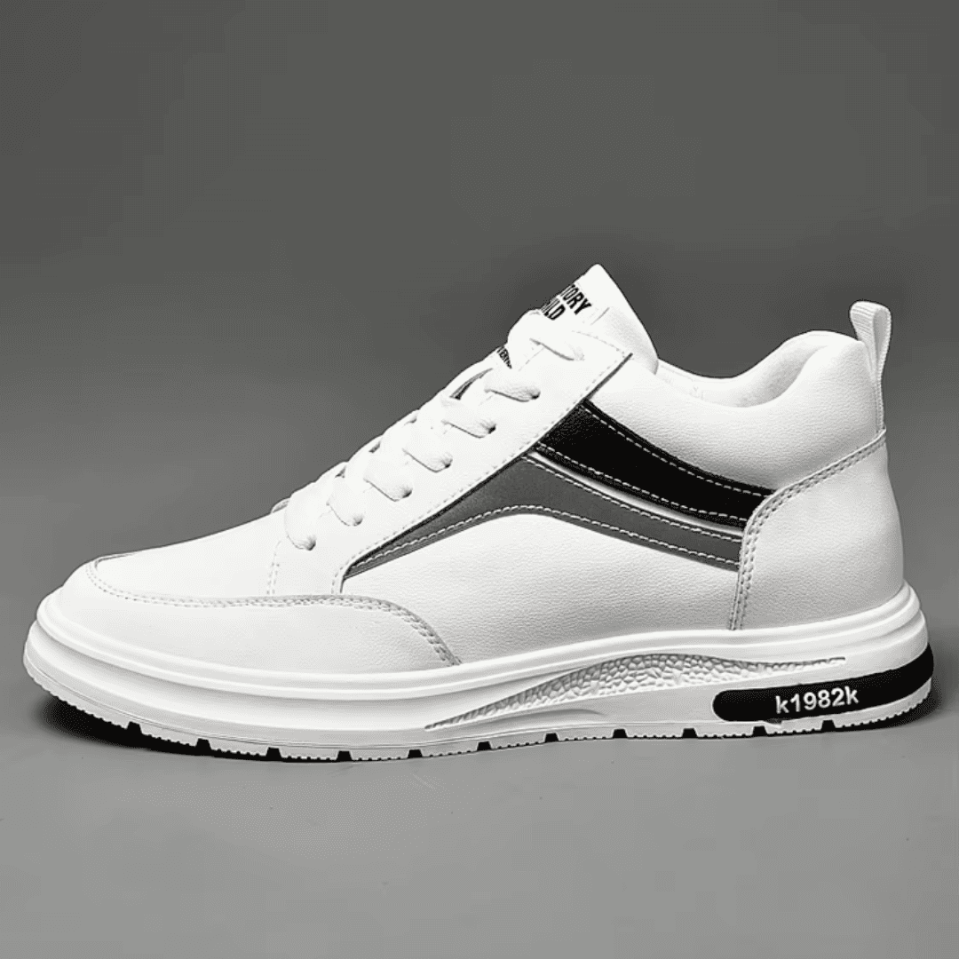 FORCIANO PRIME white height increasing sneakers with black and gray reflective accents shown in a full side profile.