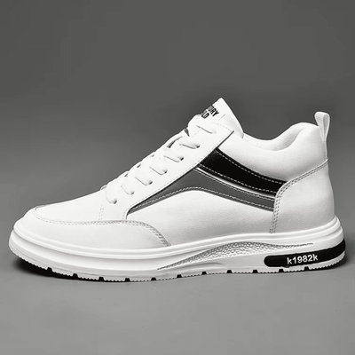 FORCIANO PRIME white height increasing sneakers with black and gray reflective accents shown in a full side profile.
