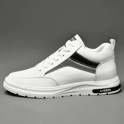 FORCIANO PRIME white height increasing sneakers with black and gray reflective accents shown in a full side profile.