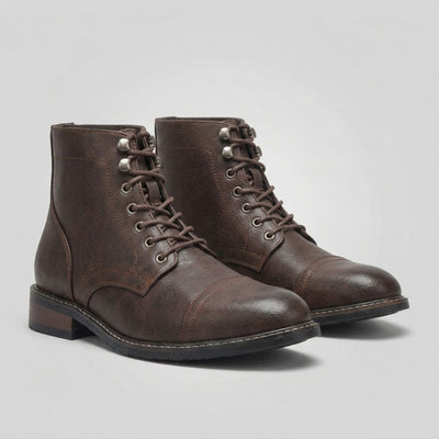 FORCIANO RANGER chestnut brown premium leather Elevator Boots displayed as a pair from a front three-quarter angle with cap toes.