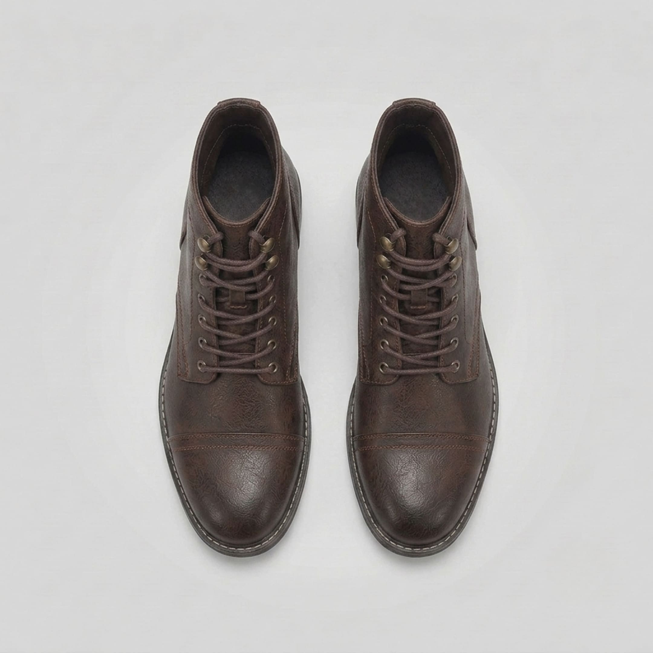 FORCIANO RANGER chestnut brown premium leather Elevator Boots shown from the top with lace-up fronts, metal hardware and cap toes.