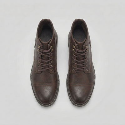 FORCIANO RANGER chestnut brown premium leather Elevator Boots shown from the top with lace-up fronts, metal hardware and cap toes.
